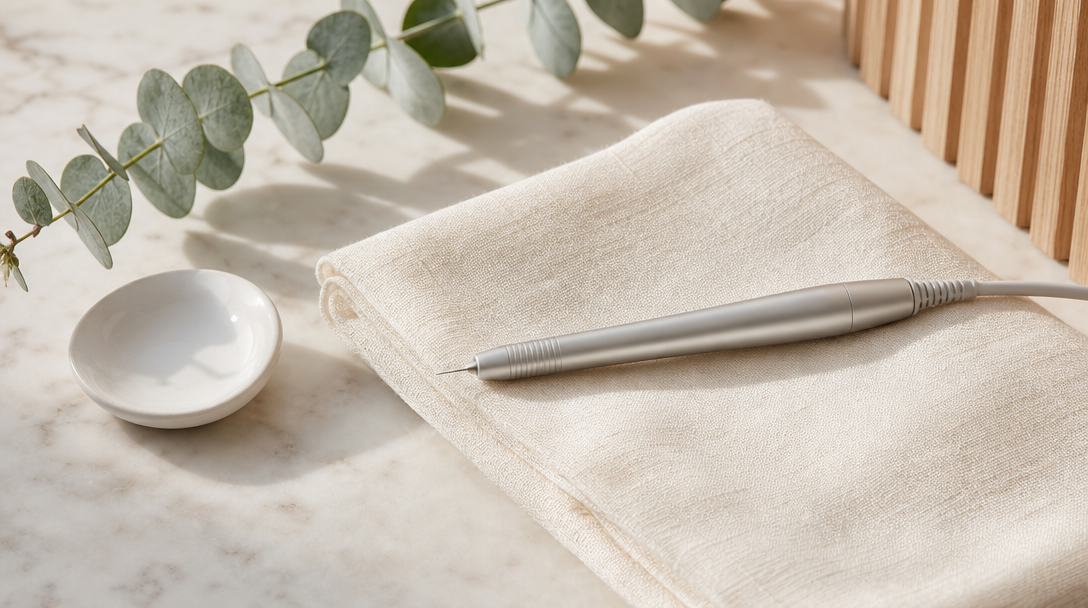 A single electrolysis handpiece resting on a cream cloth beside a small ceramic dish and a sprig of eucalyptus