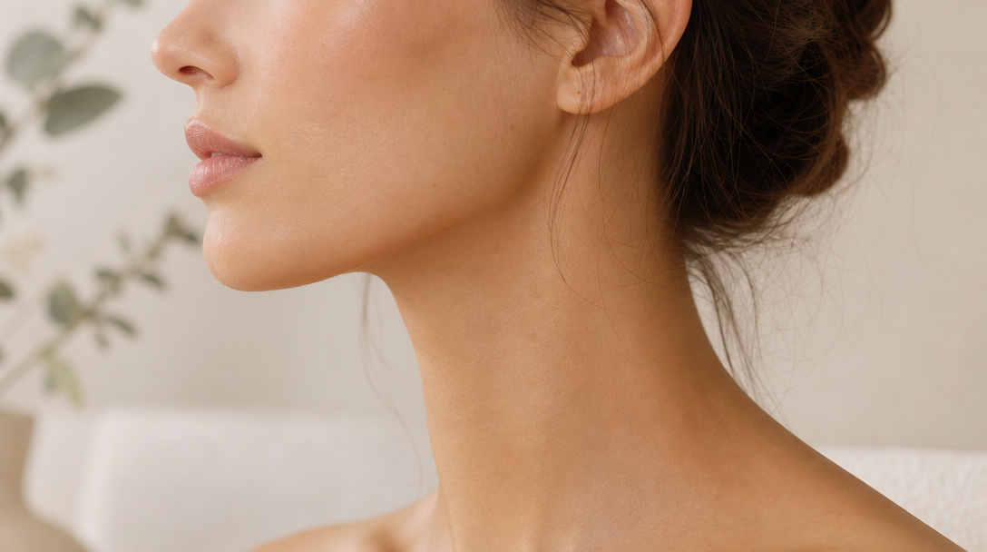 Close-up of smooth, even-toned skin on the side of a person's neck in soft natural daylight