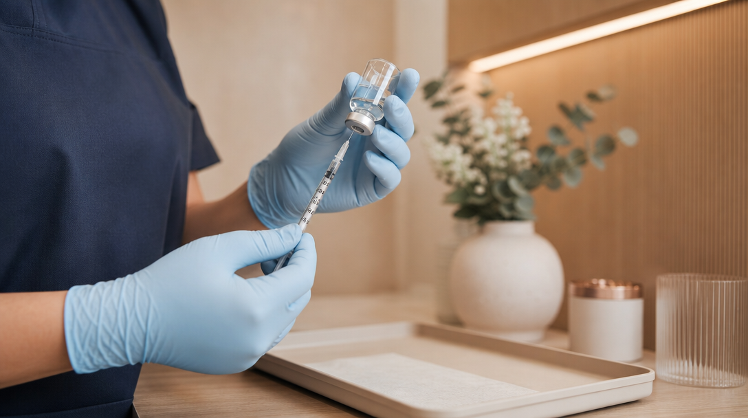A gloved clinician draws vitamin B12 from a vial into a syringe on a clean cream tray in a calm treatment room