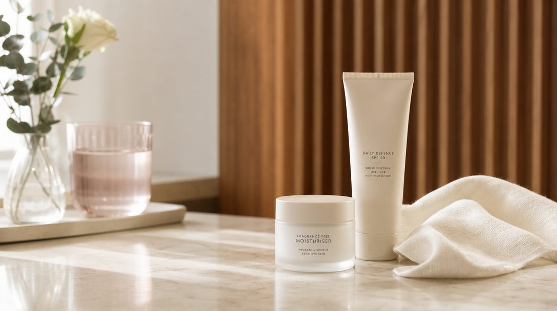SPF and fragrance-free moisturiser arranged to show pigmentation aftercare