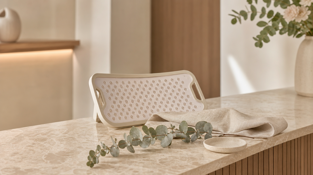 Close-up of a soft warm-toned LED light panel on a cream clinic counter with a sprig of eucalyptus, no people in frame