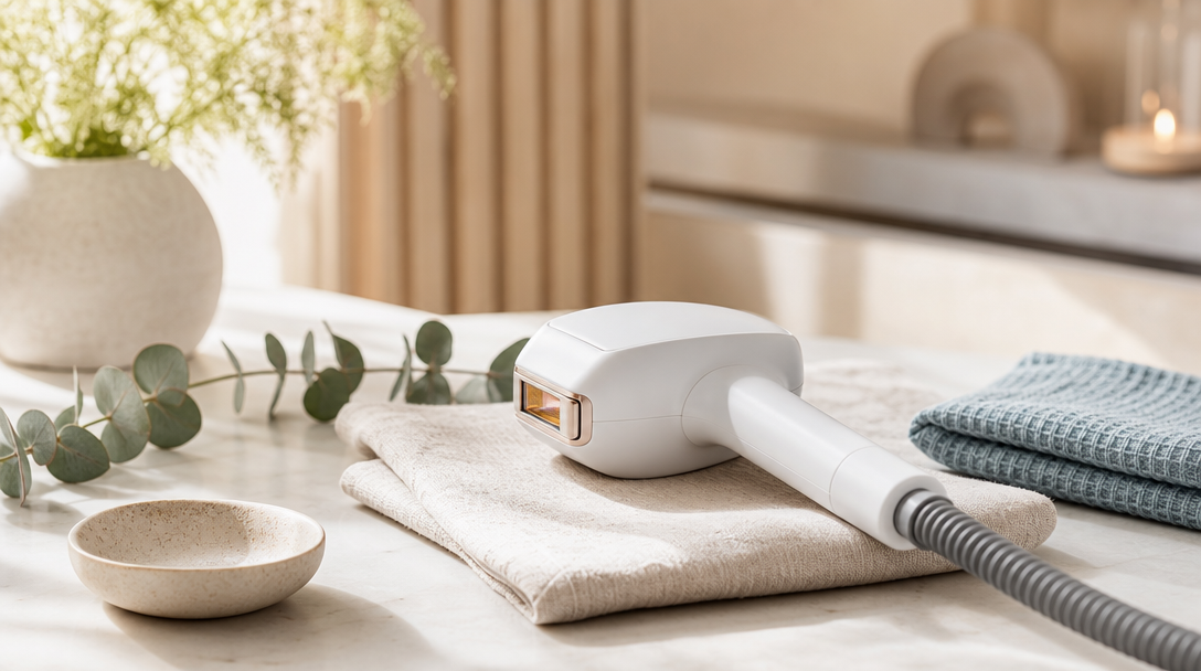 A laser hair removal handpiece on folded cream linen with a sprig of eucalyptus and a soft-blue towel in natural light