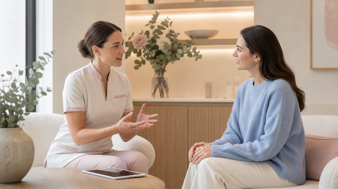 A CoLaz clinician explains LED light therapy safety to a relaxed patient in a warm, calmly lit consultation room