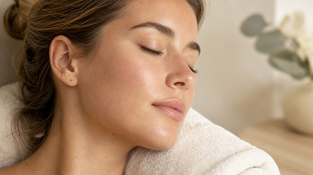 A close-up of calm, even-toned skin on a cheek resting against a soft cream towel in gentle side light