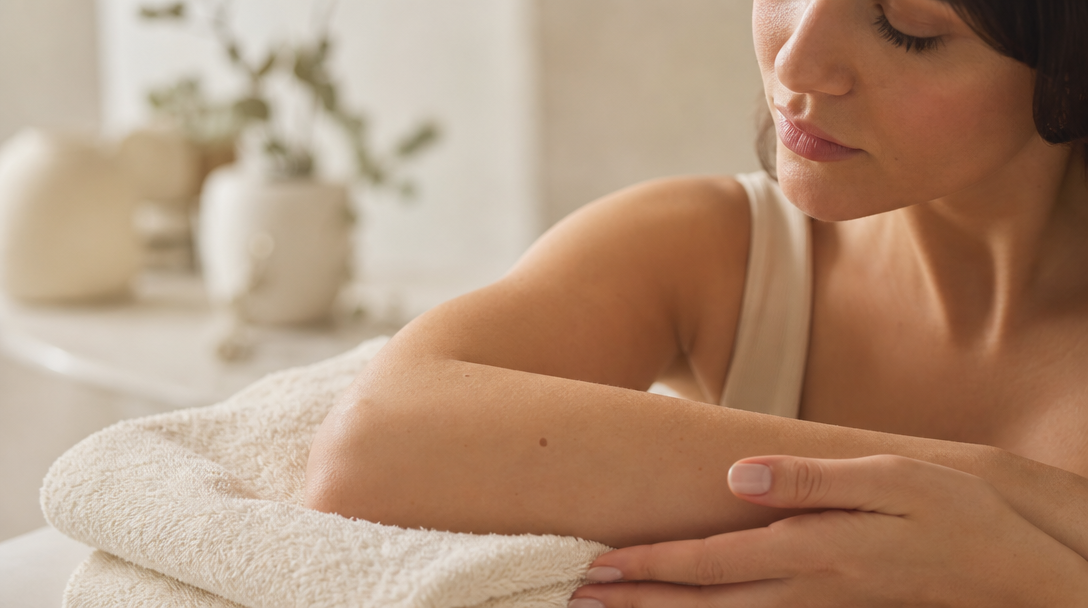 A close-up of a forearm with a small flat mark, photographed in soft natural light against a calm cream background
