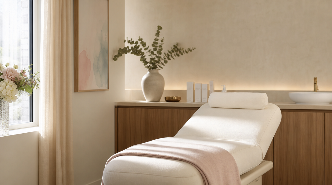 A calm, modern aesthetic-clinic treatment room with cream walls, warm wood and a single sprig of eucalyptus in a ceramic vase