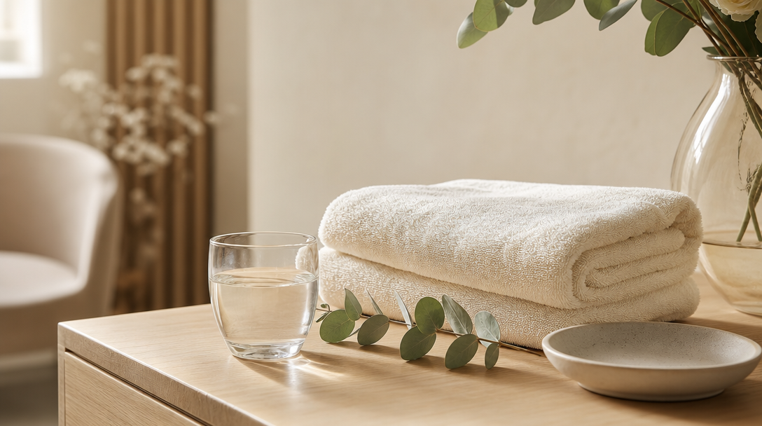 Editorial still life of a folded cream towel, a glass of water and a sprig of eucalyptus on a warm wood surface in soft daylight