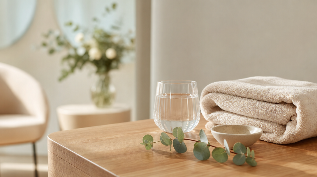 Editorial still life of a folded cream towel, a glass of water and a sprig of eucalyptus on a warm wooden surface in soft daylight