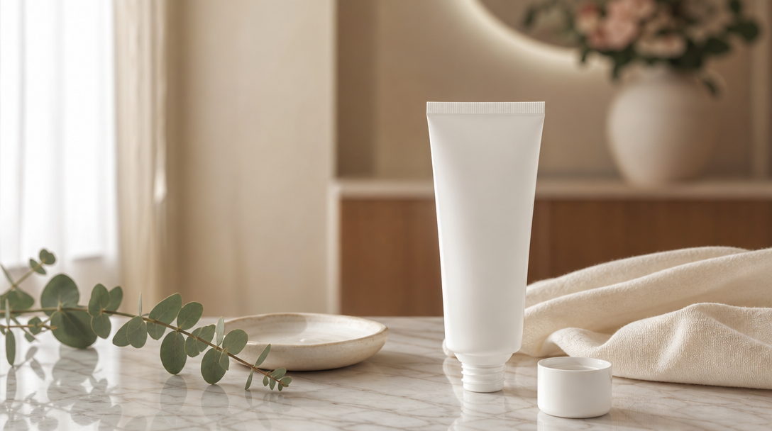 A plain unbranded skincare tube, a folded cream cloth and a sprig of eucalyptus arranged on a cream marble surface