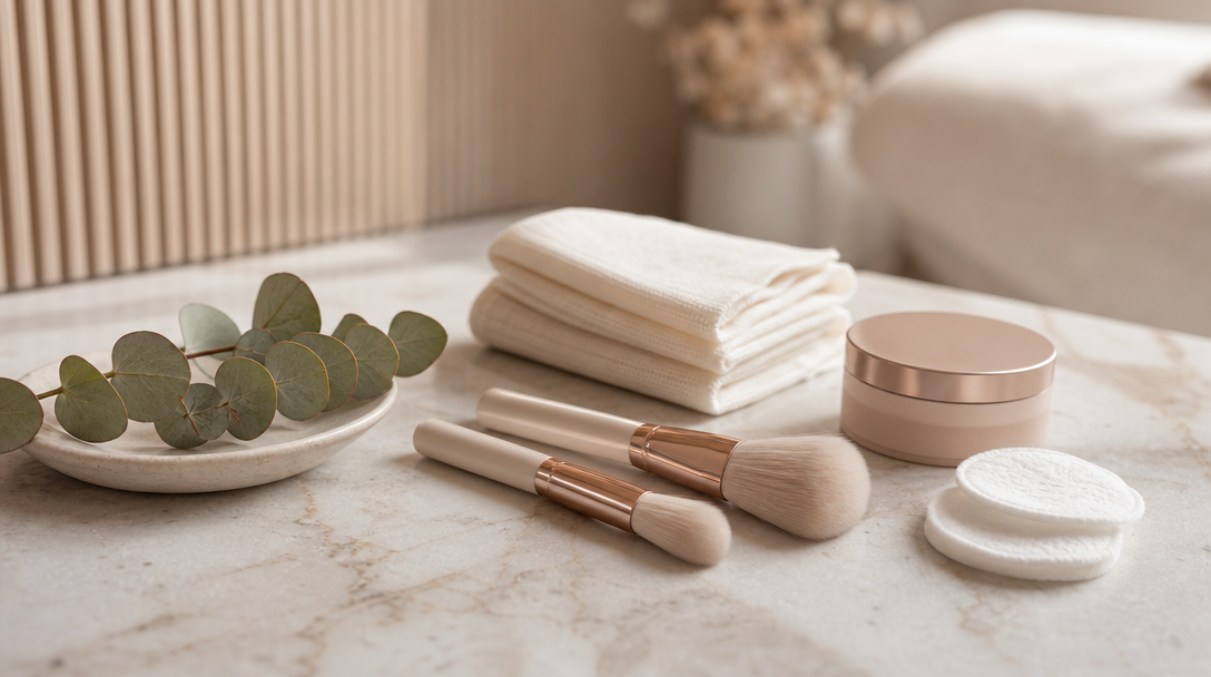 Editorial still life on a cream surface: clean makeup brushes, a mineral compact, a cotton pad and a sprig of eucalyptus in soft daylight
