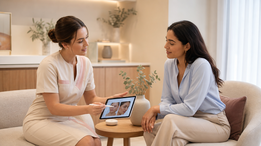 A CoLaz clinician talks a patient through Cosmelan peel side effects and aftercare in a calm, warm consultation room