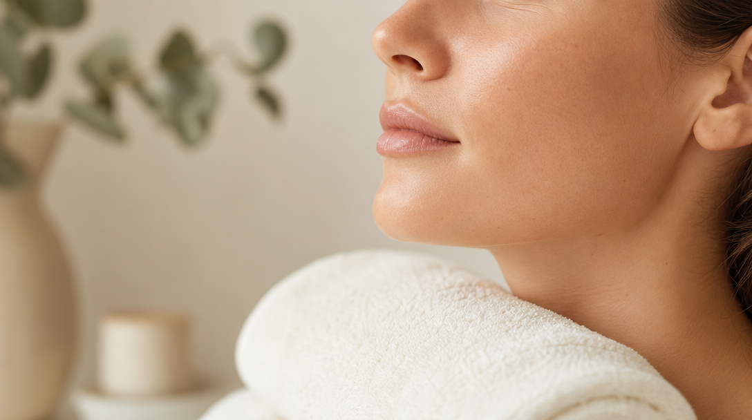 A close-up of calm, even-toned skin resting on a soft cream towel after a course of pigmentation treatment
