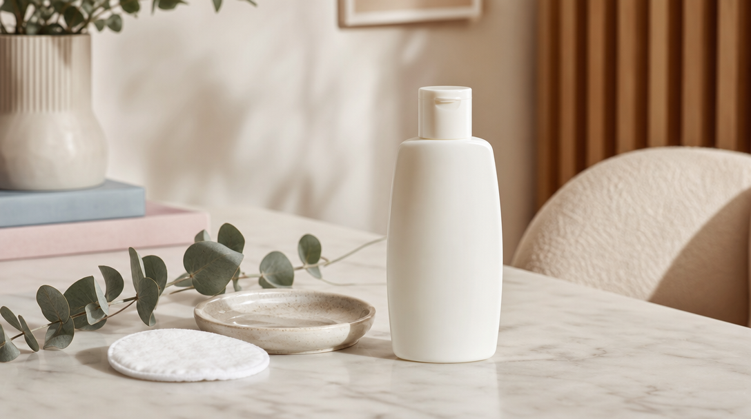 Editorial still life on a cream surface: a broad-spectrum SPF bottle, a soft cotton pad and a sprig of eucalyptus in soft daylight