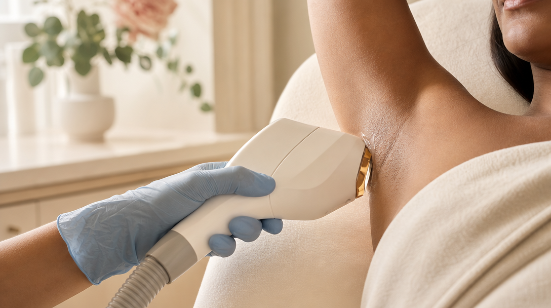A clinician guides a chilled laser handpiece across a patient's underarm area during a treatment session in a calm, warmly lit CoLaz clinic room