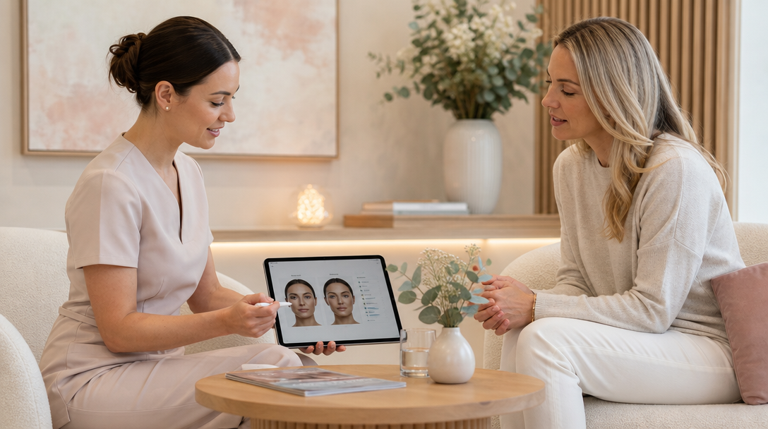A CoLaz clinician in a cream uniform discusses a Dermapen skin plan with a patient at a calm consultation table