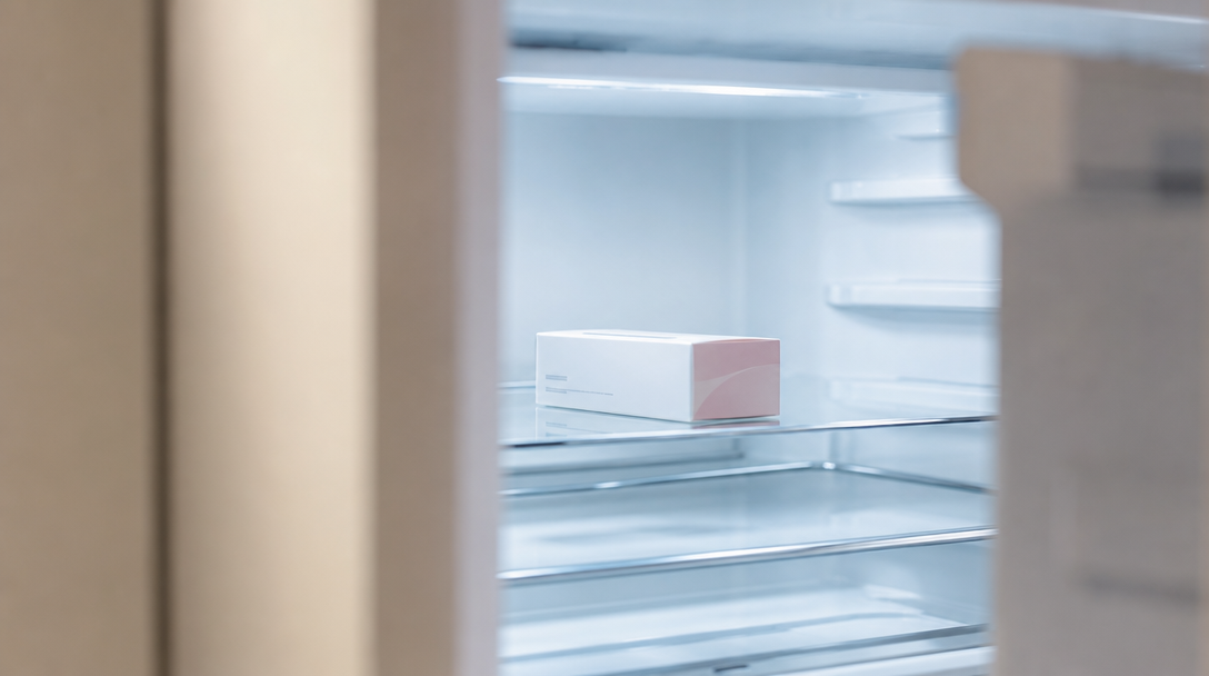 A medicine carton stored on a clean middle fridge shelf
