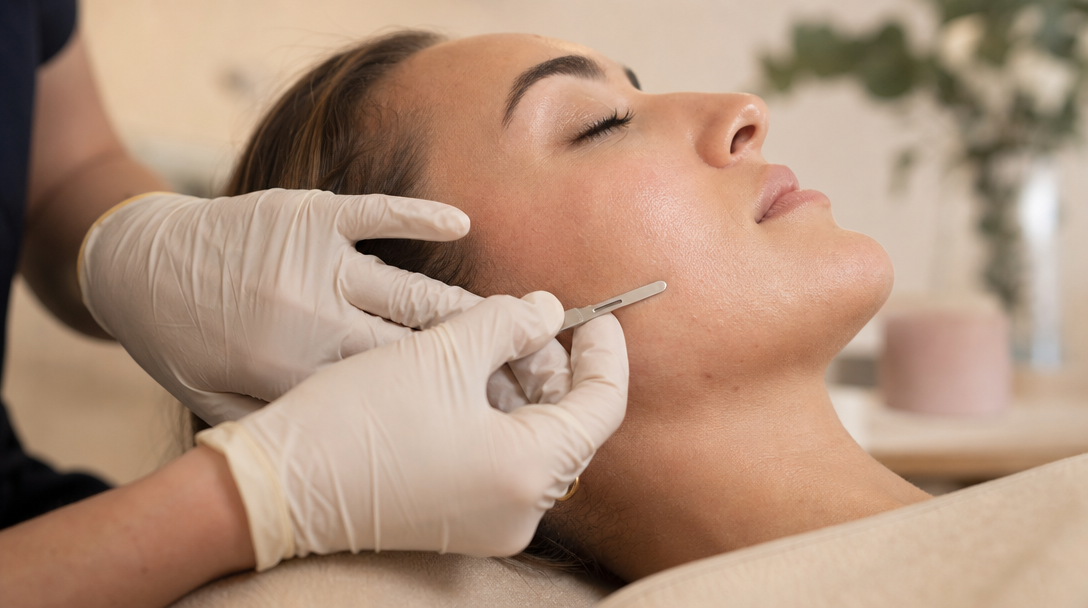 A clinician guides a dermaplaning blade along a relaxed patient's cheek and jawline in a warm treatment room