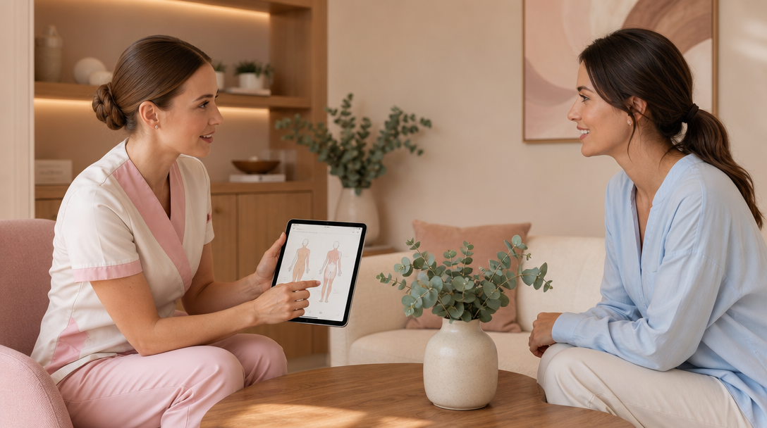 A CoLaz clinician in a cream uniform explains an electrolysis hair removal plan to a relaxed patient at a softly lit consultation table