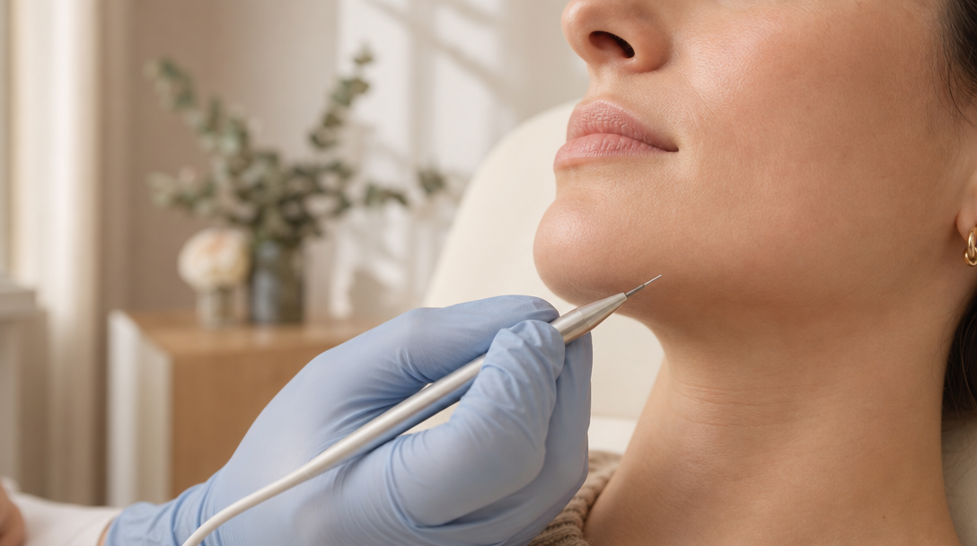A clinician in pale surgical gloves holds a slim electrolysis probe close to the jawline of a relaxed female patient in a calm, softly lit CoLaz treatment room