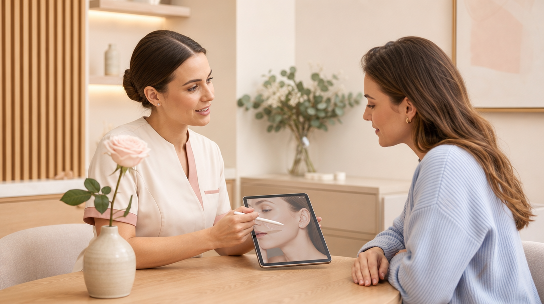 A CoLaz clinician and a patient discuss dermaplaning and facial hair regrowth across a low wooden table in a calm consultation room