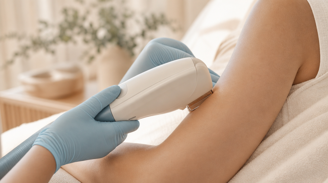 A gloved clinician guides a laser handpiece across the upper arm of a relaxed patient on a cream treatment bed