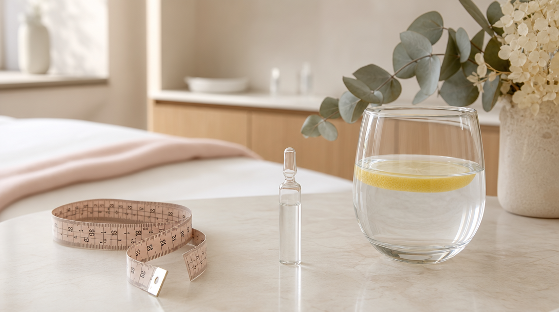 A tape measure, fat-dissolving ampoule and glass of lemon water on a cream surface