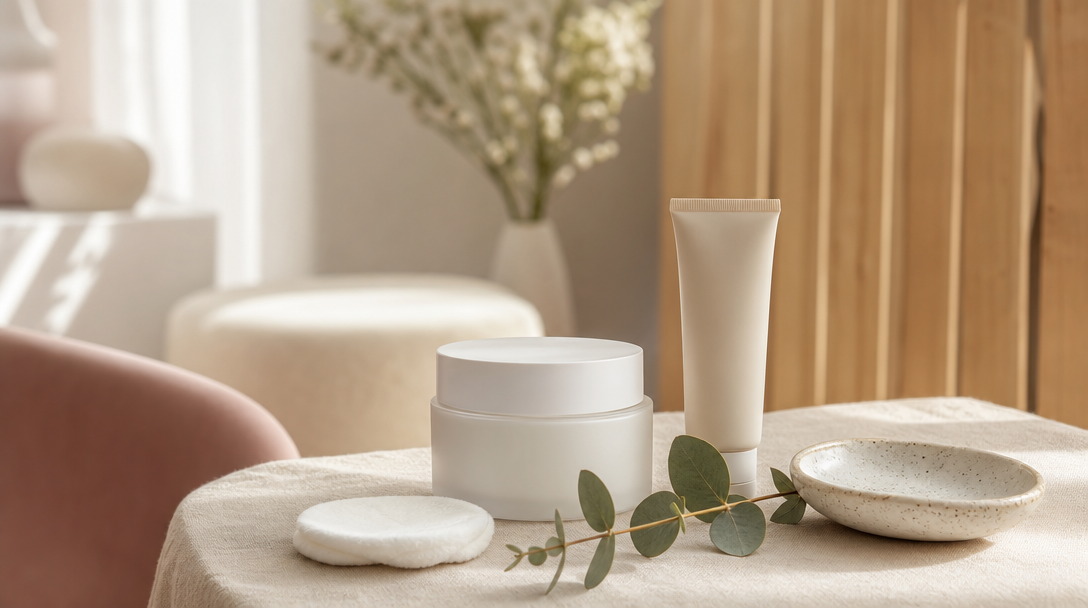 Editorial still life on cream linen of a fragrance-free moisturiser, a cotton pad, a mineral SPF and a sprig of eucalyptus for post-dermaplaning care