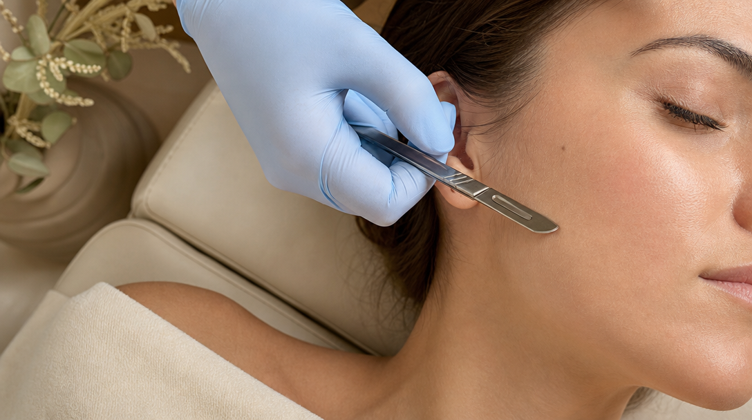 Overhead view of a dermaplaning session at CoLaz, a gloved hand holding a blade at an angle against a patient's cheek in soft daylight