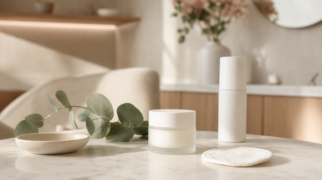 Fragrance-free moisturiser, mineral SPF and a cotton pad arranged with eucalyptus on a cream marble surface