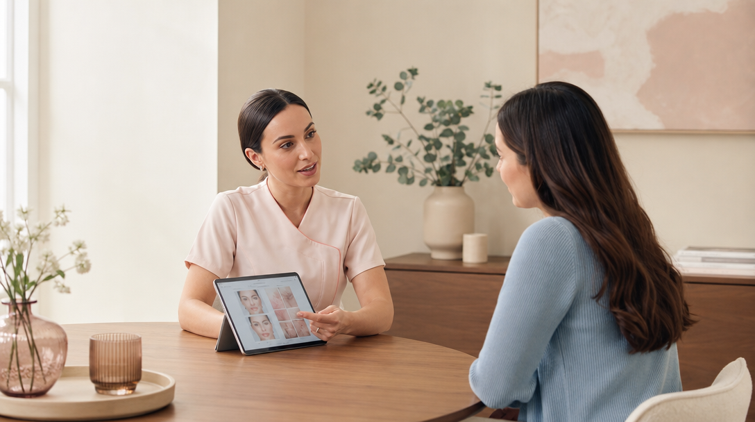 A CoLaz clinician reviews a skin plan with a female patient in a calm cream consultation room before a dermaplaning session