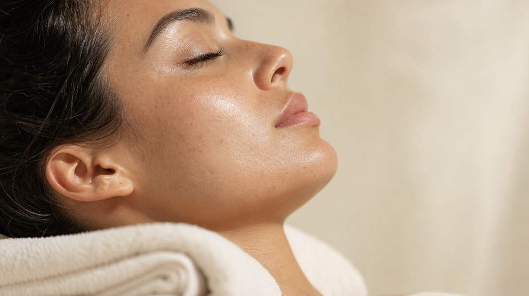 Close-up of calm, even-toned skin on a cheek and jawline resting against a soft cream towel after a facial treatment