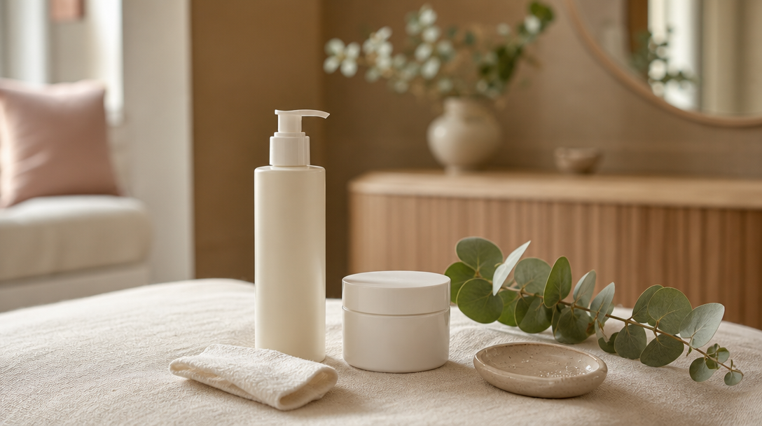 Editorial still life of a gentle fragrance-free cleanser, a simple moisturiser and a sprig of eucalyptus on a cream linen surface