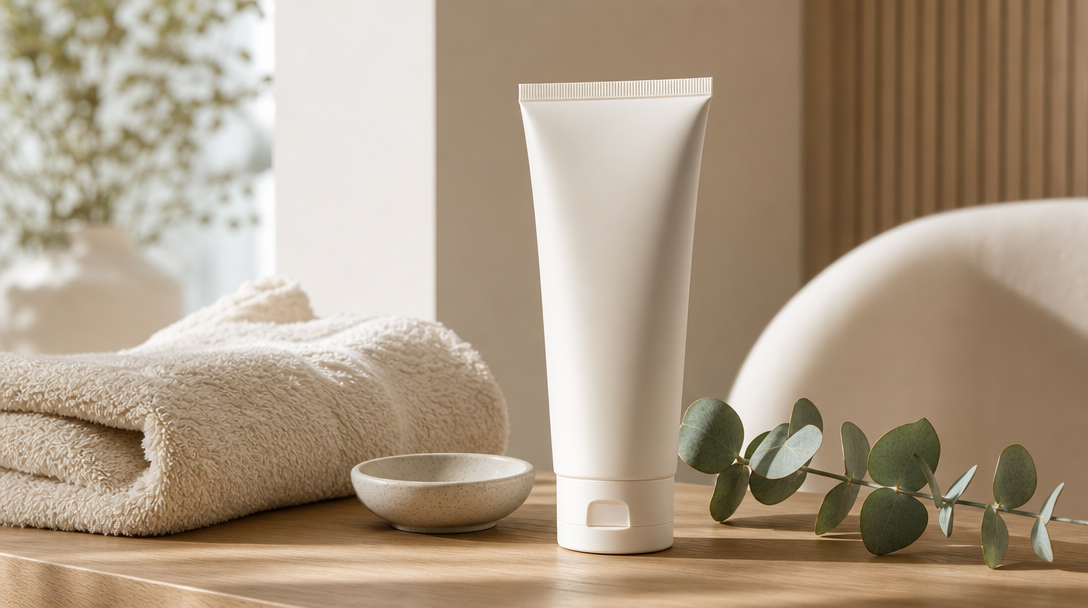 Editorial still life of mineral sunscreen, a folded cream towel and a sprig of eucalyptus on a warm wood surface