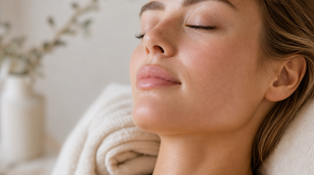 A close-up of calm, even-toned skin along a cheek and jawline resting on a soft cream towel in warm natural light