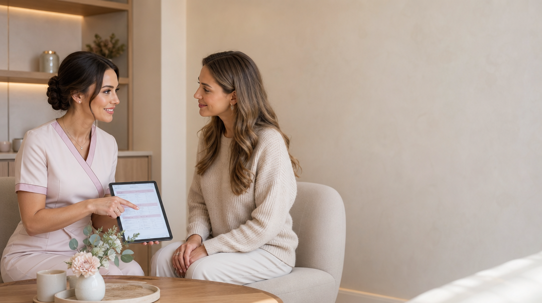 A CoLaz clinician and patient discuss an exercise and aftercare plan after fat dissolving in a calm consultation room