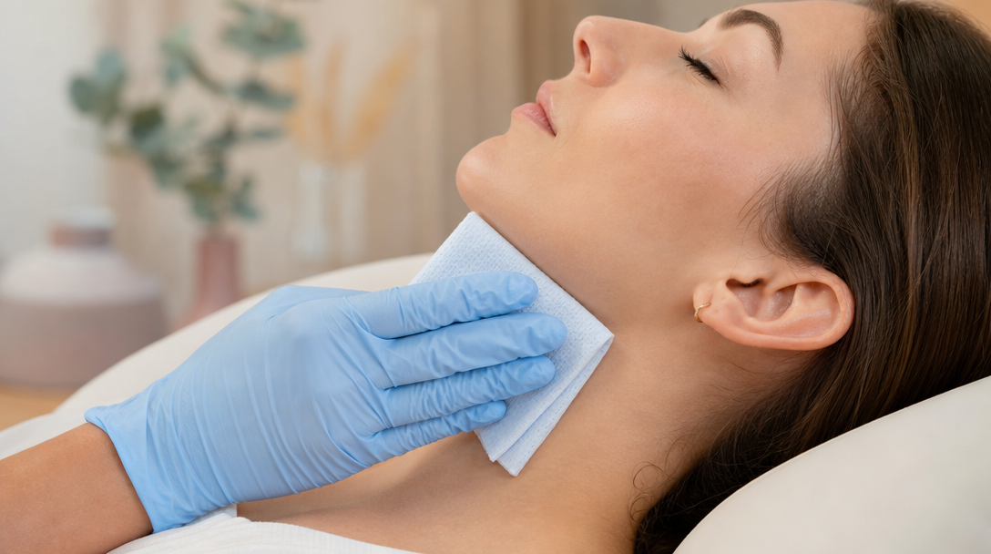 A clinician's gloved hand rests a cool compress near a patient's jaw on a cream treatment bed after a fat dissolving session
