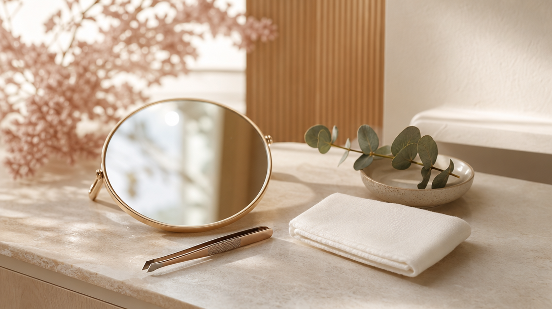 Editorial still life on a cream marble surface with slanted brow tweezers, a small round mirror, a folded cotton cloth and a sprig of eucalyptus