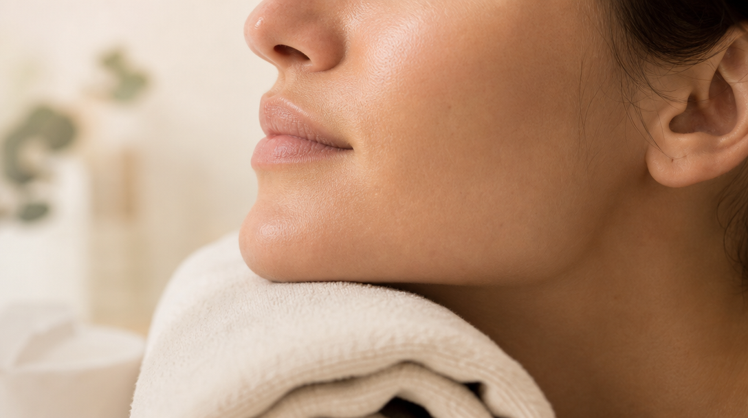 A close-up of naturally healthy, glowing skin on a jawline resting against a soft cream towel
