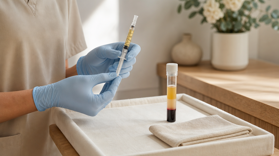 Gloved clinician hands preparing a PRP syringe from a spun blood sample on a cream tray in a warm treatment room