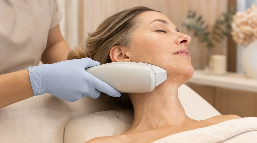 A clinician's gloved hand guides an ultrasound skin-tightening applicator along a patient's jawline in a warm cream treatment room