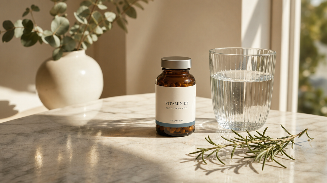 A vitamin D supplement bottle and water in warm morning light