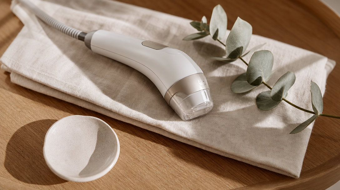 Editorial still life of an aesthetic treatment handpiece, cream cloth and eucalyptus on a warm wood surface