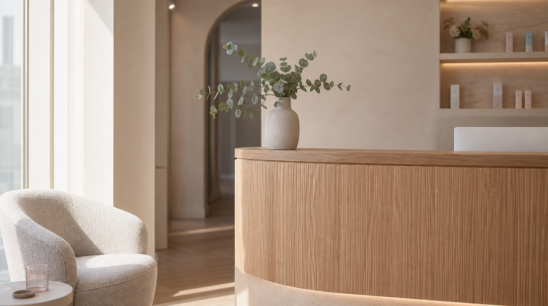 Calm modern aesthetic-clinic reception with cream walls, a warm wood desk and eucalyptus in a ceramic vase