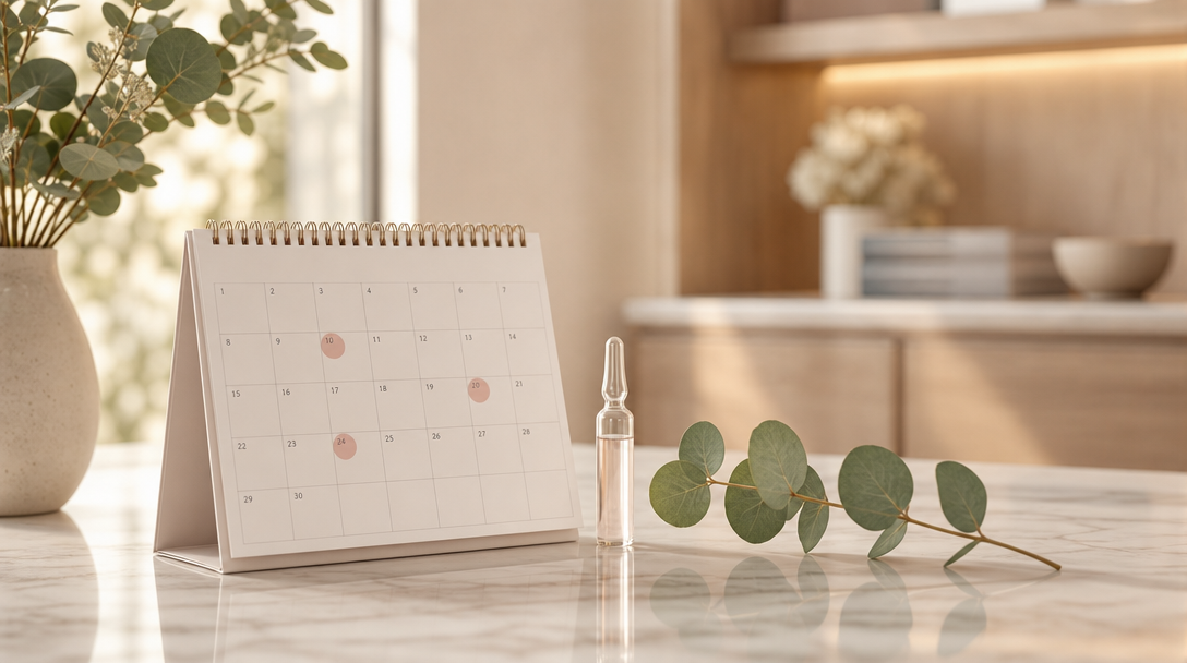 A calendar with treatment dates spaced weeks apart beside a fat-dissolving ampoule