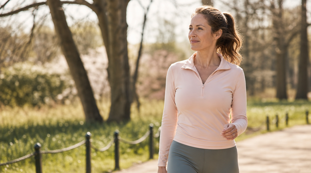 An energised woman walking in a sunny park, illustrating sustained wellbeing after B12 treatment