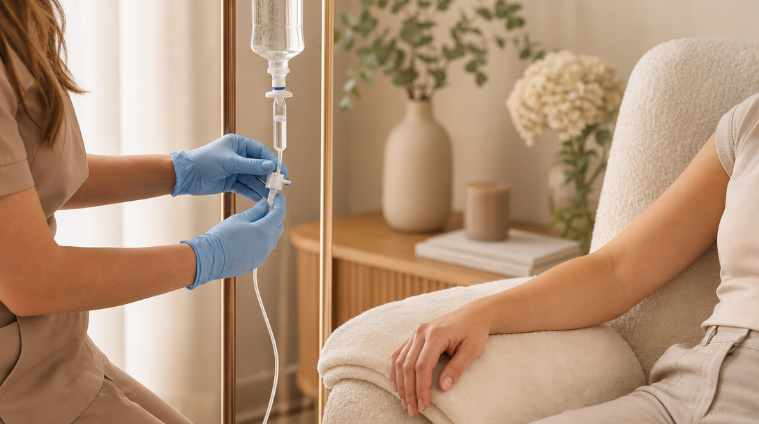 A clinician sets up an IV line and checks the drip flow for a calm seated patient in a warm treatment room