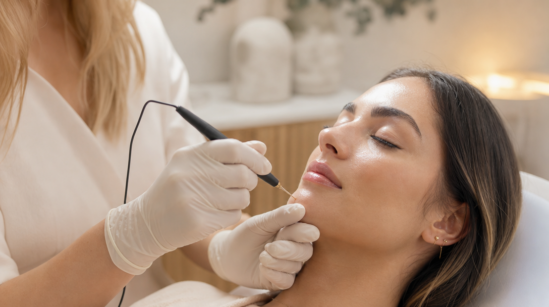 A clinician treating chin hair with a fine electrolysis probe
