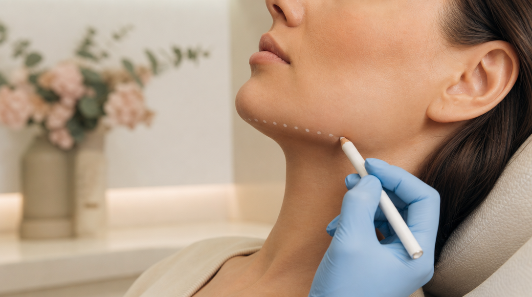 A clinician marks small reference dots along the underside of a relaxed patient's chin before a fat dissolving session