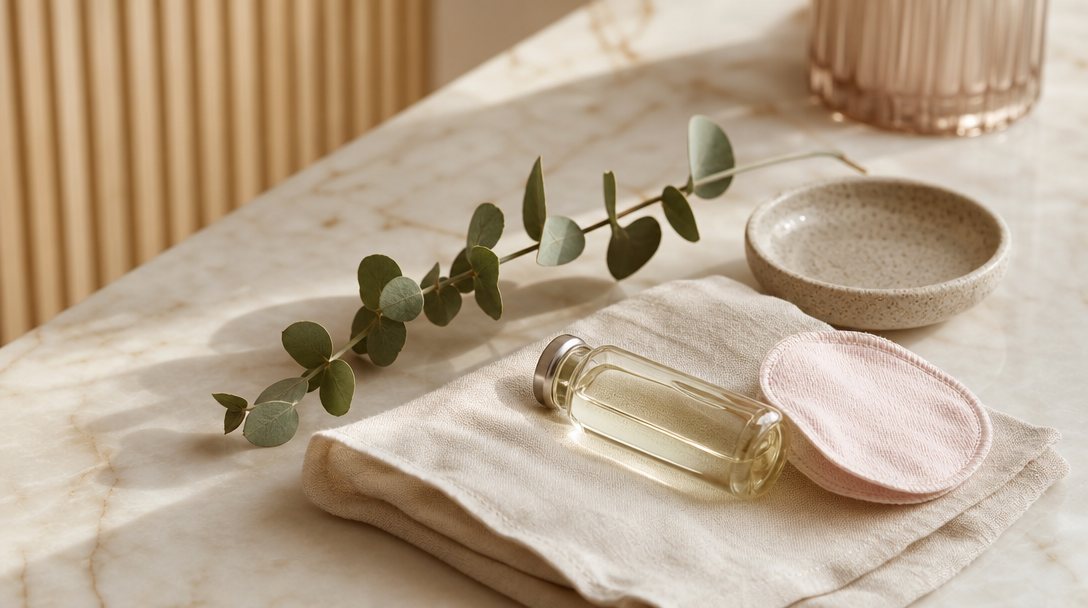 A clear glass vial of pale solution on cream linen with a cotton pad and a sprig of eucalyptus in soft daylight