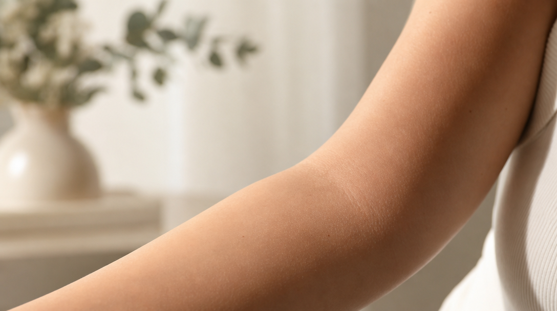 A close-up of calm, healed skin on the forearm